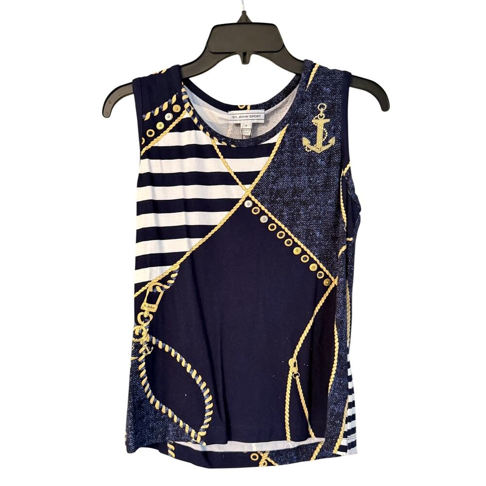 St John Sport Nautical Print Sleeveless Shell Top P Navy Rope Anchor Stripe NWT - Picture 8 of 9